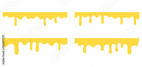 sweet amber honey melt droplets. Delicious nectar, amber melt, caramel syrup, or isolated lines of sauce vectors. Set of flow and drop of melted honey.