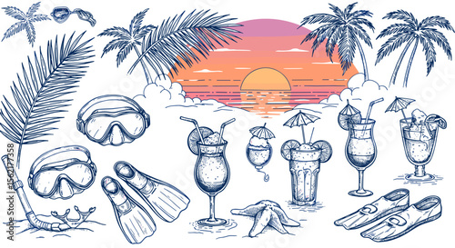 Tropical sunset beach scene with palm trees and summer drinks vector illustration for card design