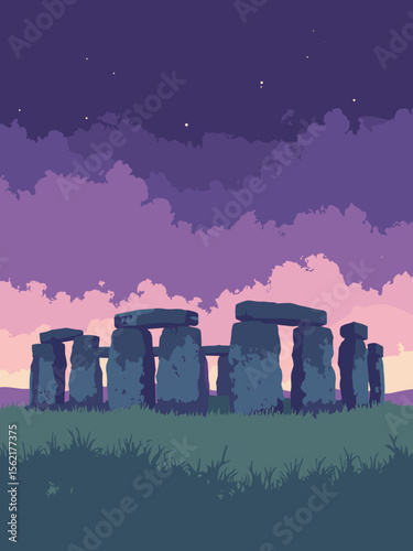 Stonehenge silhouettes at dusk under a violet twilight sky with slate gray stones, fog blue haze, and muted green ground