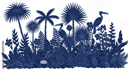 Exotic tropical jungle with birds and palms vector illustration for nature and wildlife design