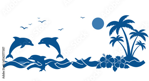 Tropical beach scene with dolphins and palm trees vector illustration for summer design
