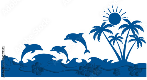 Tropical beach scene with dolphins and palm trees vector illustration for summer design