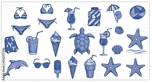 Summer beach time vector illustration with drinks, swimwear, and marine life for print design