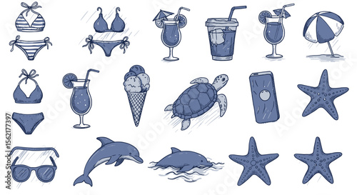 Summer beach essentials vector illustration in hand-drawn style for design and print