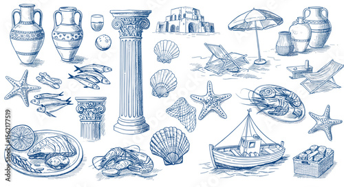 Greek summer vacation vector illustration with traditional elements and seafood in hand drawn style