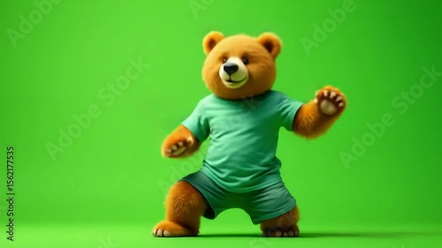 Fuzzy bear in green athletic wear stretches on a solid green background