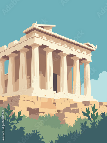 The Parthenon crowning the Acropolis against Aegean blue skies, marble white columns, warm ochre frieze, and olive foliage