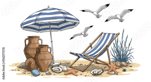 Coastal beach scene with seagulls and deck chair vector illustration for relaxation and decor