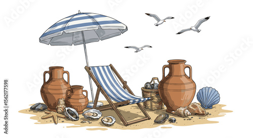 Coastal beach scene with deck chair, seashells, and pottery vector illustration for summer design