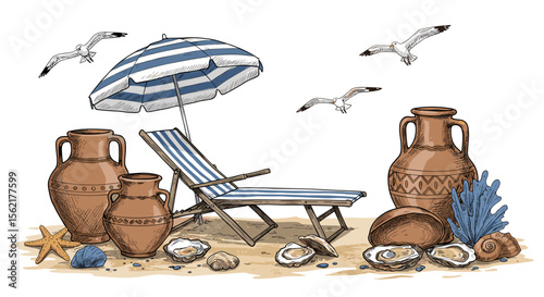 Coastal beach scene vector illustration with deck chair and sea elements for summer decor and print design