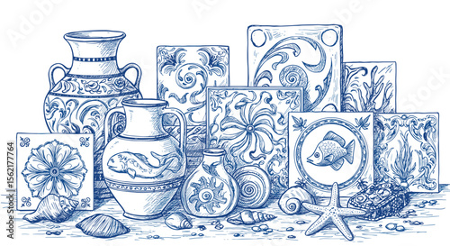 Blue ink vintage ceramics and nautical designs vector illustration for artistic decor