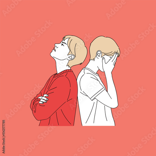Two Women Facing Opposite Directions, Contrasting Perspectives Illustration, Communication and Misunderstanding Concept