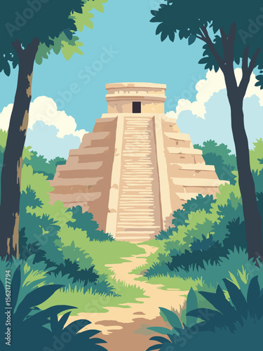 Chichen Itza’s El Castillo pyramid peeking through dense jungle in limestone beige, vibrant green, terracotta steps, and sky blue cracks
