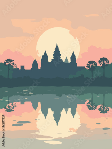 Angkor Wat’s reflection pool perfectly mirroring temple spires in sandstone, lotus pink sunrise, jungle green, and dawn gray water