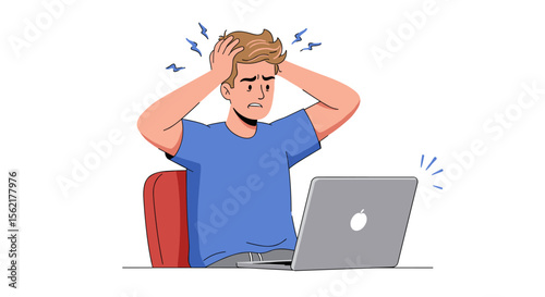 Frustrated man at computer vector illustration for office stress and technology issues