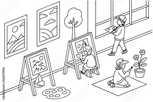 Line art coloring page of a classroom during art time, with easels, paint, and children creating artwork