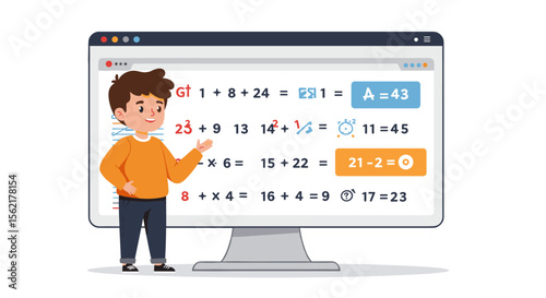 Child explaining math equations on computer screen vector illustration for educational design