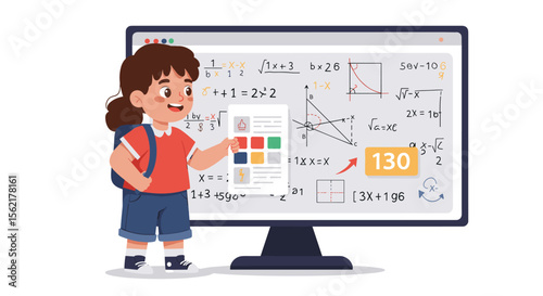 Educational vector illustration of a young student learning mathematics with charts and equations displayed on a monitor