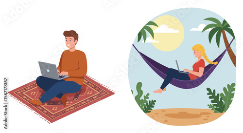 Remote work lifestyle vector illustration: cozy indoor and outdoor settings for digital nomads