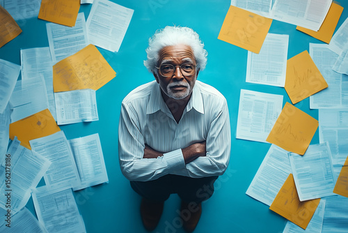 Senior Black man undertaking legacy planning alone, elderly man, white hair, blue floor, heirless, estate documents, end-of-life planning, top-down view