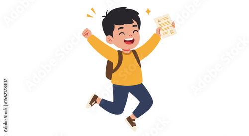 Joyful student celebrates success with a plus grade certificate vector illustration