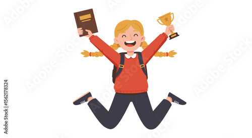 Happy schoolgirl jumping with book and trophy - vector illustration for educational achievement and success themes