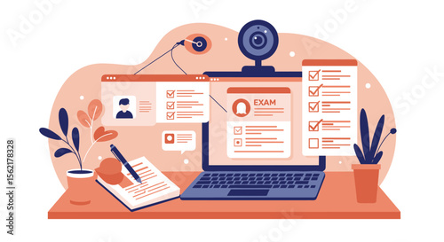 Online exam setup vector illustration for remote learning and testing design in flat style