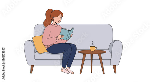 Relaxing home scene with woman reading and drinking tea on couch vector illustration