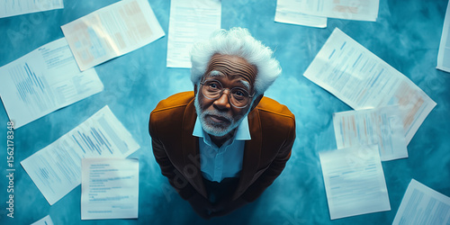 Senior Black man conducting legacy planning alone, elderly man, white hair, blue floor, heirless, estate documents, end-of-life planning, top-down view