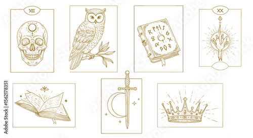 Mystical objects and symbols vector illustration for design and print in line art style