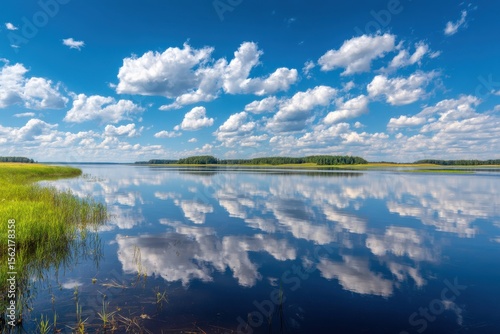 Tranquil lake reflections at valdis in turna, latvia with a bright blue sky and soft clouds for nature enthusiasts and landscape photographers