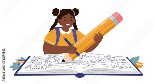 Back to school vector illustration: happy student with giant pencil and open notebook in flat style