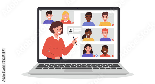 Online education video conference vector illustration for remote learning and virtual team meetings in flat style