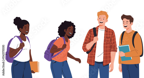 Group of students socializing with backpacks vector illustration for educational design