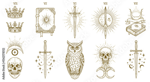 Mystical medieval symbols vector illustration - crown, sword, owl, skull, and celestial designs for prints and posters