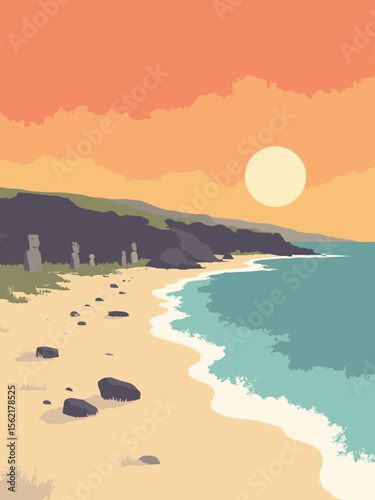 Easter Island’s Moai statues aligned on the coast at sunset in basalt gray, orange horizon, beige sand, and teal ocean
