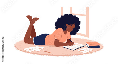 Vector illustration of relaxed woman studying at home in cozy setting for education and learning themes