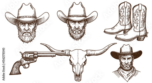 Wild west elements vector illustration: cowboy faces, hat, boots, revolver, and bull skull for design