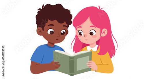 Children reading book together vector illustration - educational concept for learning and literacy in flat style