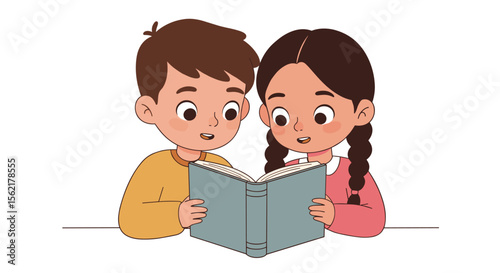 Children reading together vector illustration for educational projects and storybook designs
