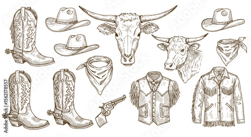 Western cowboy elements vector illustration with boots hats and cattle heads in vintage style for poster or print design