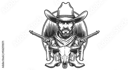 Western cowboy skull design vector illustration for apparel and posters in vintage style