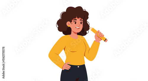 Creative thinking: woman holding pencil in flat vector illustration for design inspiration