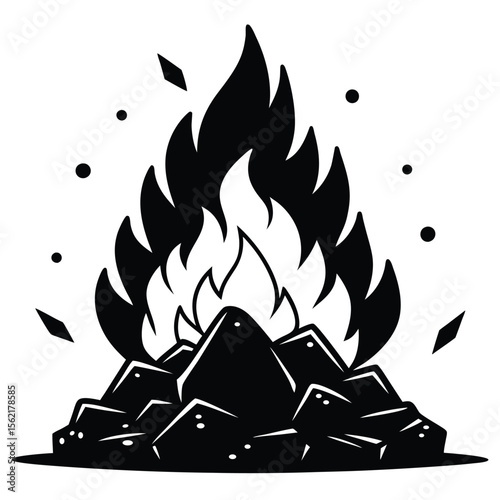A black and white drawing of a fire with a pile of rocks vector on white background