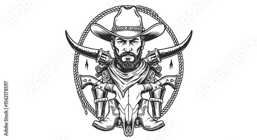 Western cowboy skull vector illustration for tattoo and apparel design in detailed monochrome style