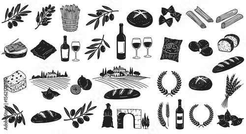 Italian cuisine vector illustration featuring pasta, bread, wine, and olive elements in hand drawn style