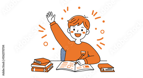 Cheerful student raising hand in class vector illustration for educational designs