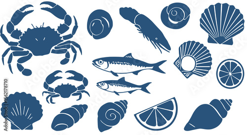 Nautical seafood vector illustration for design and decoration in flat style