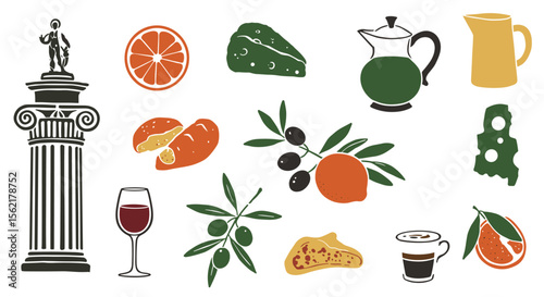 Italian cuisine vector illustration with traditional food and drink icons for design