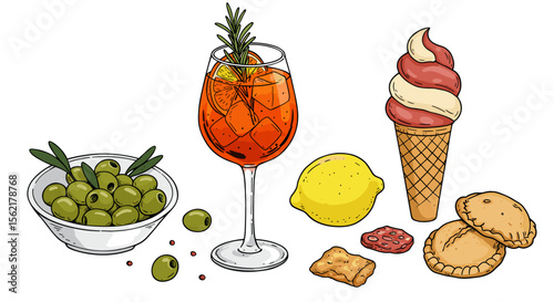 Italian food and drink vector illustration with aperol spritz, gelato, and savory snacks